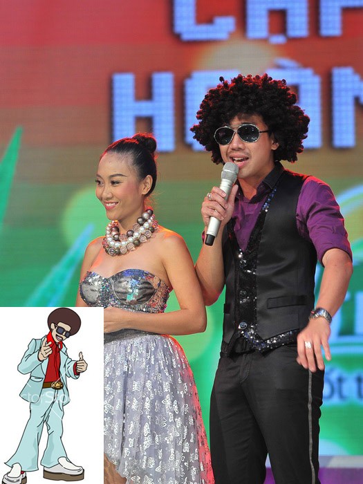 Trên sân khấu Cặp đôi hoàn hảo, Trấn Thành - Đoan Trang cũng thống nhất chọn kiểu thời trang thập niên 70 với váy áo lấp lánh, kính đen, tóc xù.